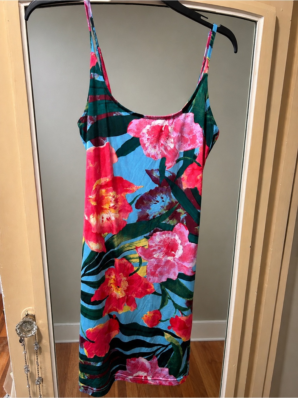 VENUS Turquoise Slip Midi Dress with Pink & Red Floral Print